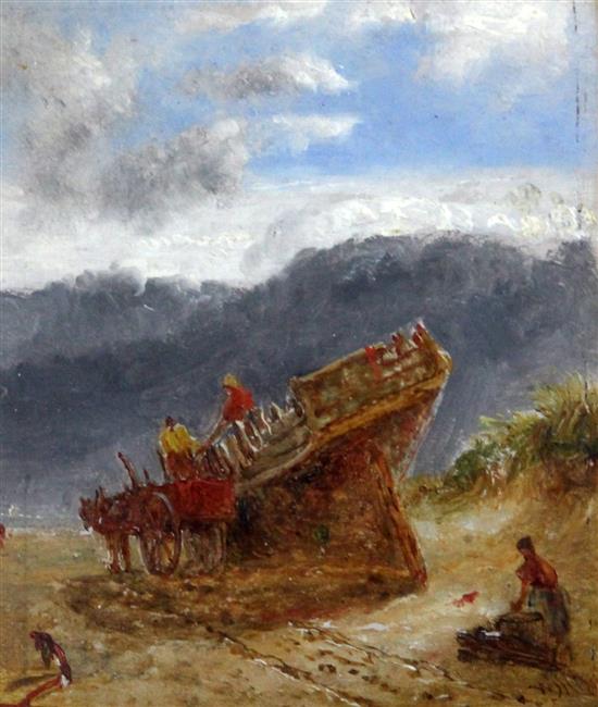 William Julius Caesar (Alphabet) Bond (1833-1926) Figures in a landscape and beside a beached fishing boat 5.75 x 4.75in.